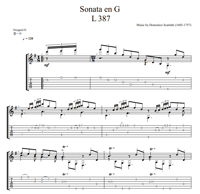 Domenico Scarlatti - Sonata en G L 387 sheet music for guitar